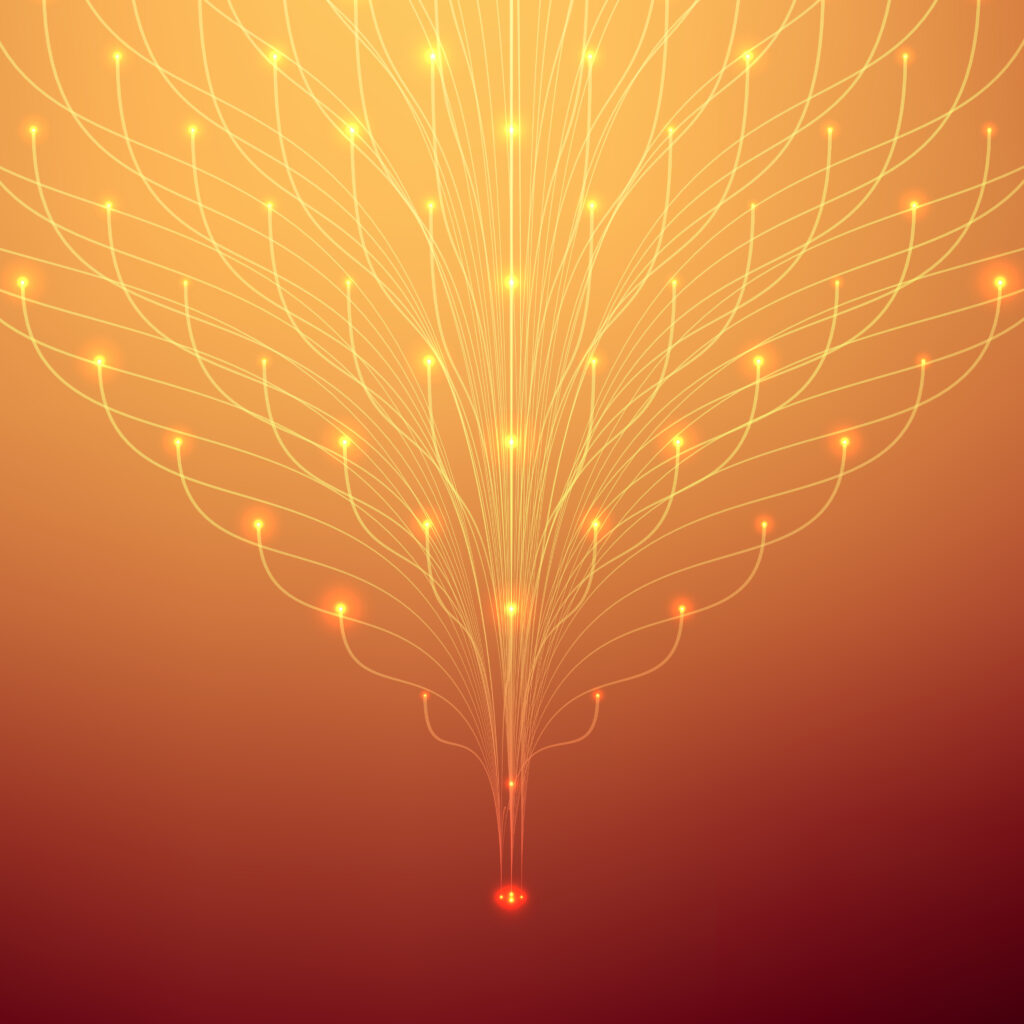 Abstract image of glowing, branching lines forming a symmetrical, tree-like pattern on a warm gradient background, evoking a sense of energy and harmony.